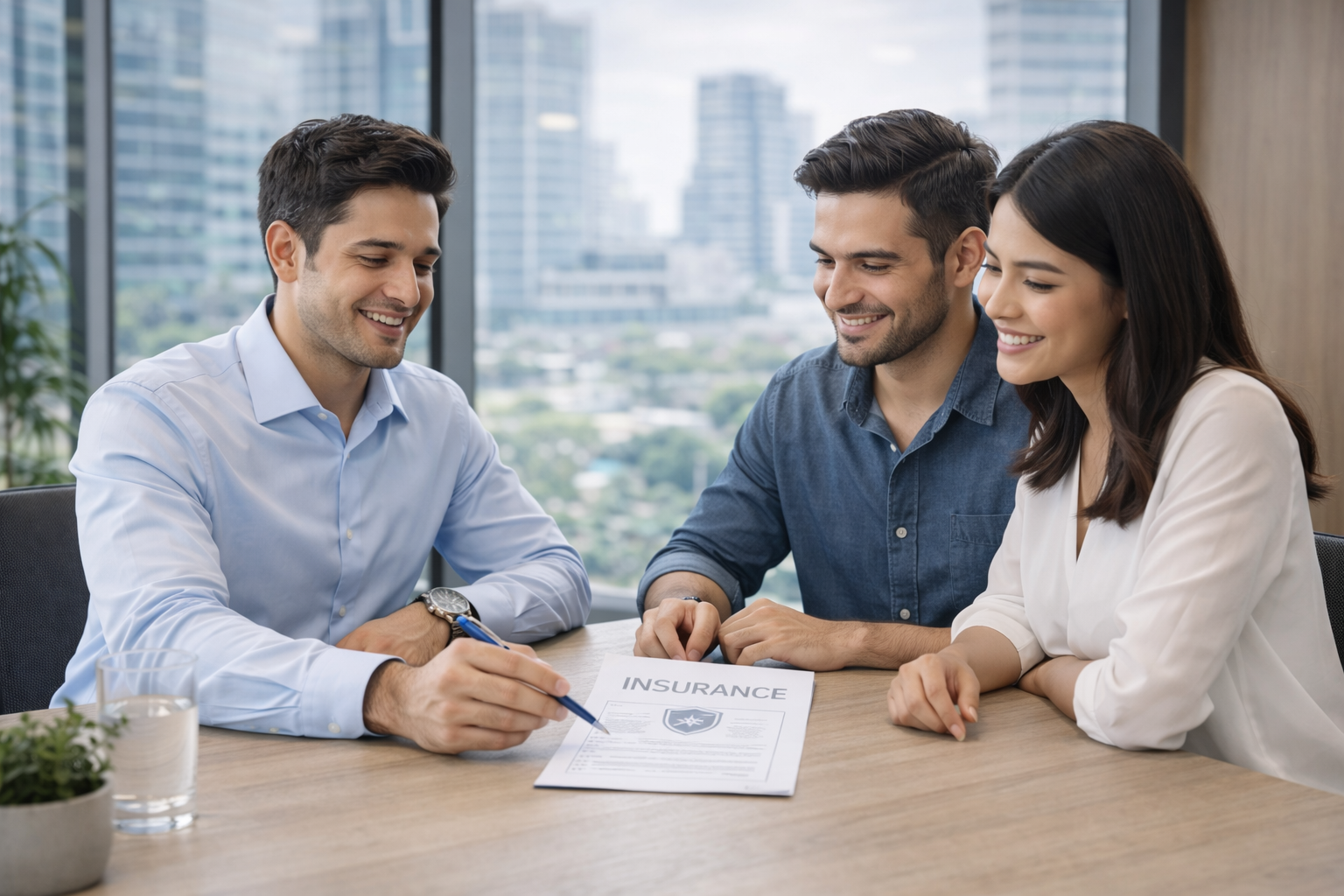 Smiling team reviewing documents